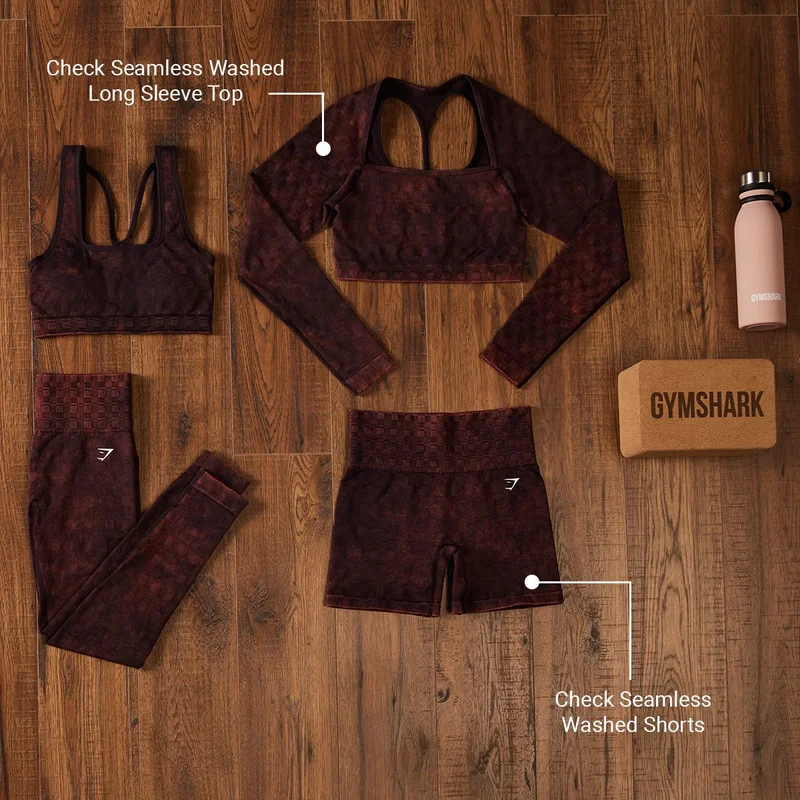 CHECK SEAMLESS WASHED LONG SLEEVE TOP, CHECK SEAMLESS WASHED SHORTS