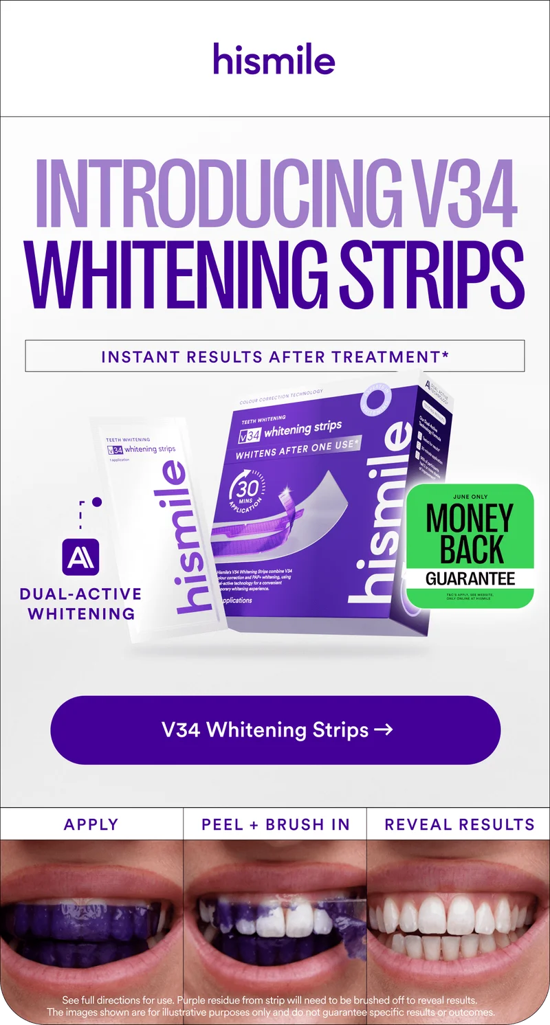 introducing v34 whitening strips! Instant results after treatment. Dual active whitening. money back guarantee