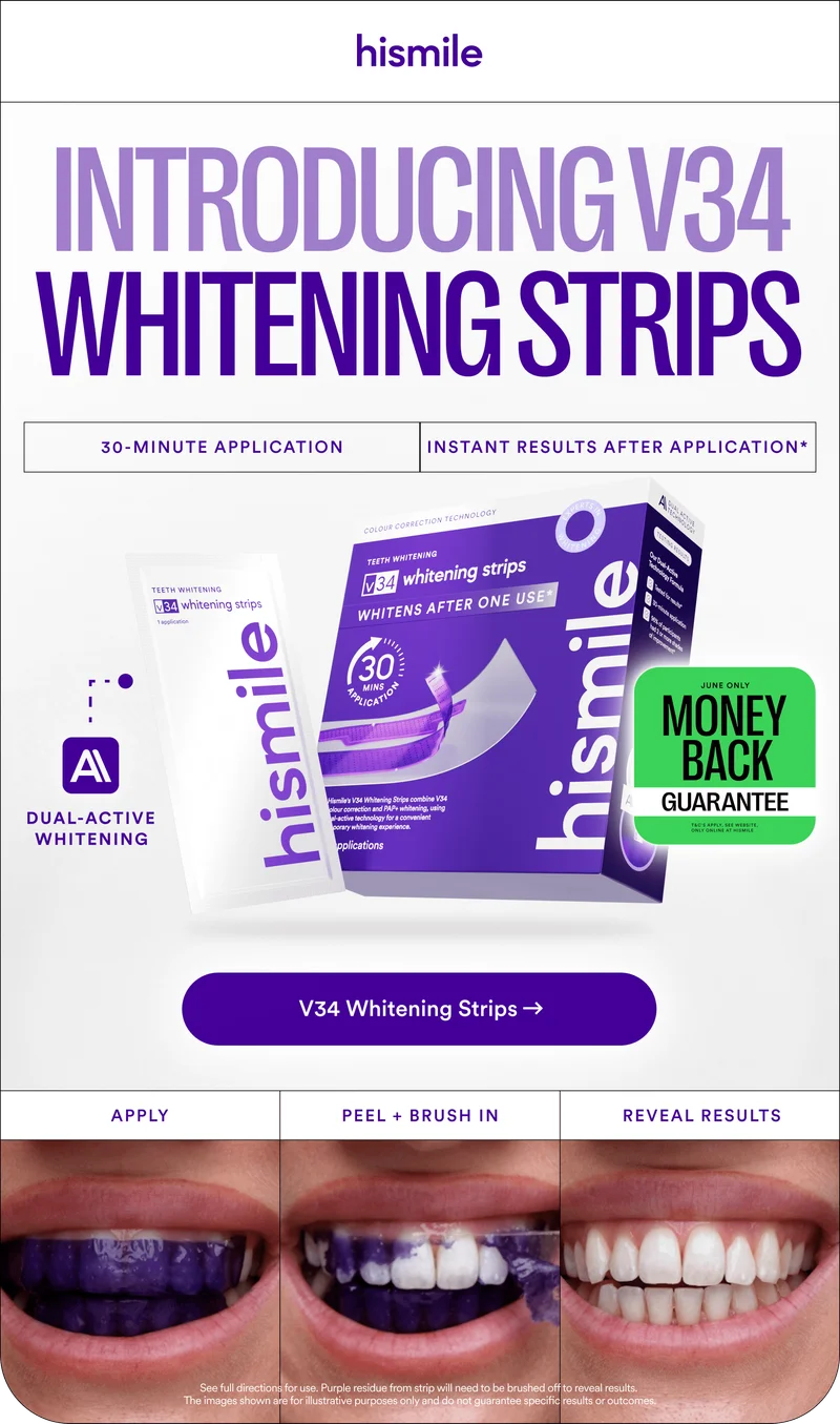 introducing v34 whitening strips! Instant results after treatment. Dual active whitening. money back guarantee