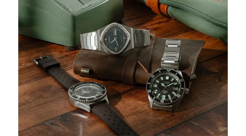 Table top photography of 3 vintage styles from the Citizen X Analog:Shift collection.