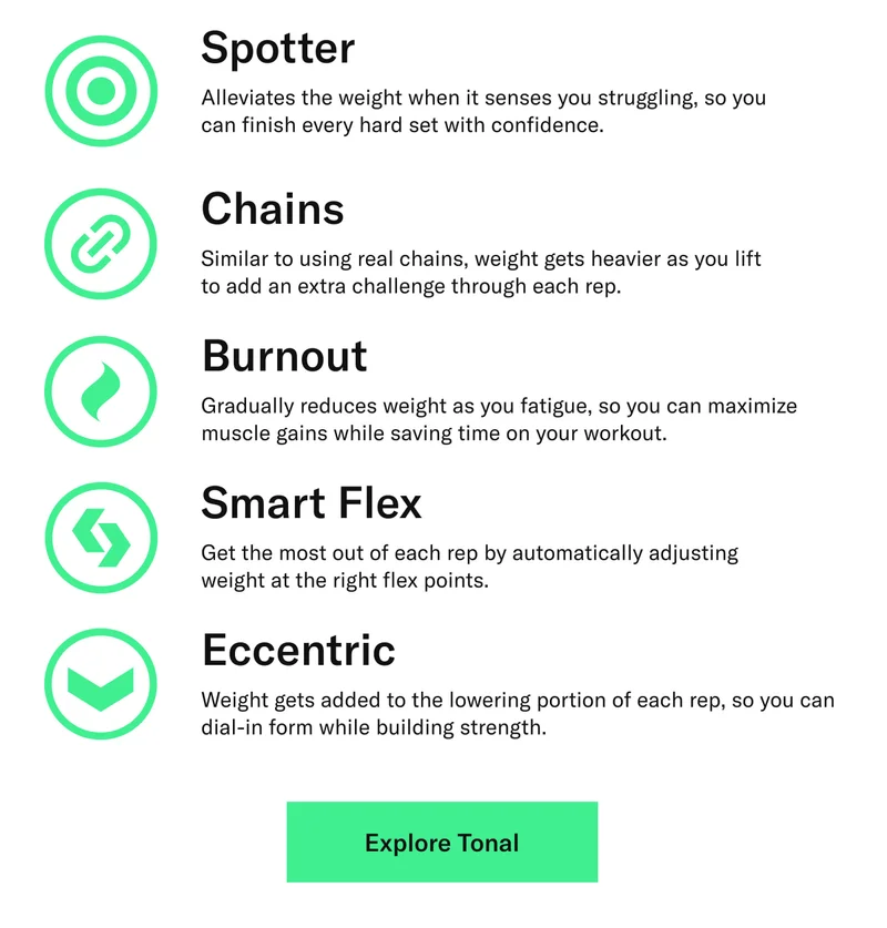 Spotter Alleviates the weight when it senses you struggling, so you can finish every hard set with confidence. Chains Similar to using real chains, weight gets heavier as you lift to add an extra challenge through each rep. Burnout Gradually reduces weight as you fatigue, so you can maximize muscle gains while saving time on your workout. Smart Flex Get the most out of each rep by automatically adjusting weight at the right flex points. Eccentric Weight gets added to the lowering portion of each rep, so you can dial-in form while building strength. Explore Tonal