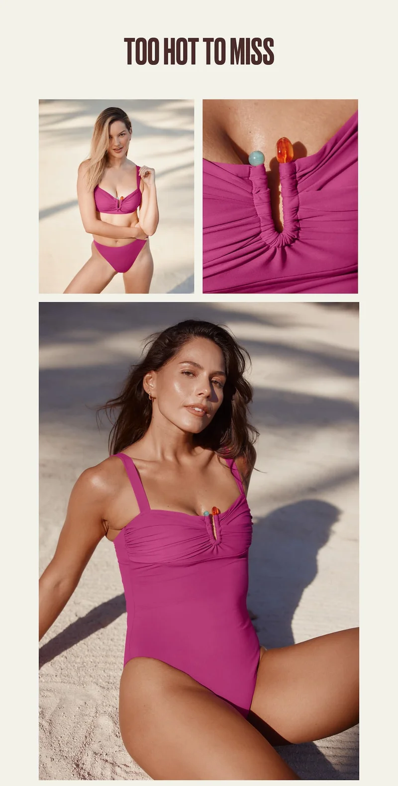 Too Hot to Miss. Images featuring one piece, high cut bikini bottom & matching deep v bikini top.