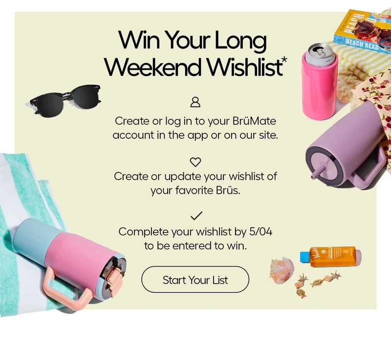 Win Your Long Weekend Wishlist* Create or log in to your BrüMate account in the app or on our site to create or update your wishlist of your favorite Brüs.