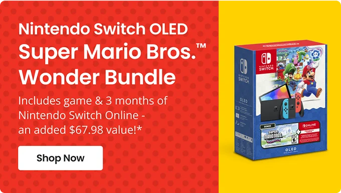 Nintendo Switch OLED Super Mario Bros.TM Wonder Bundle Includes game & 3 months of Nintendo Switch Online - an added $67.98 value!* Shop Now