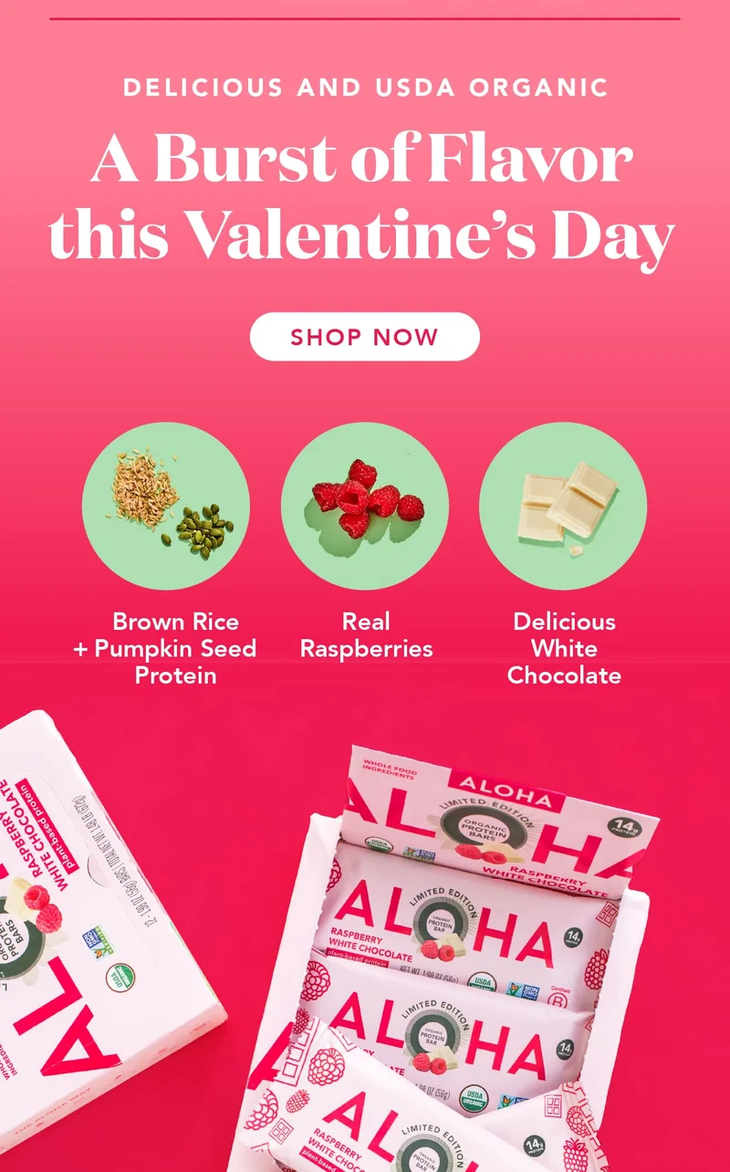A delicious and USDA Organic burst of flavor this Valentine's Day! Contains brown rice and pumpkin seed protein, real raspberries, and delicious white chocolate