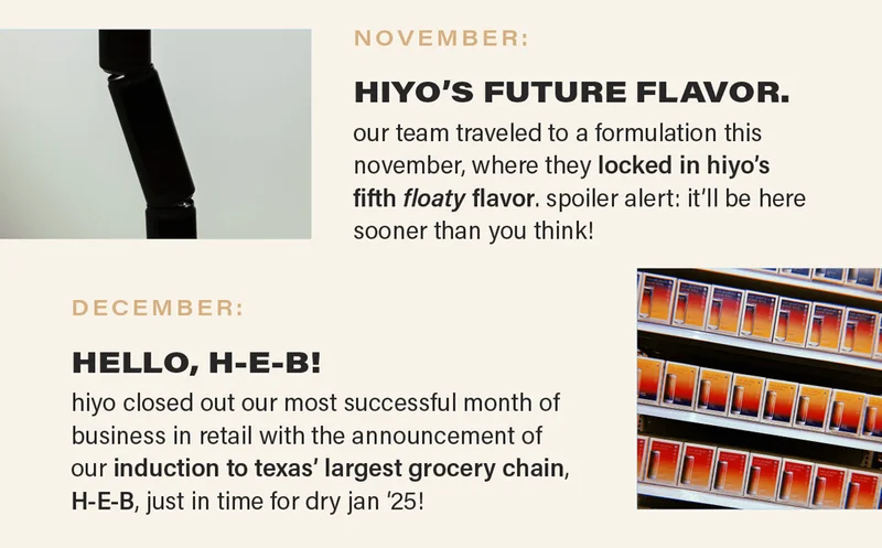 NOVEMBER: HIYO'S FUTURE FLAVOR. our team traveled to a formulation this november, where they locked in hiyo's fifth floaty flavor. spoiler alert: it'll be here sooner than you think! DECEMBER: HELLO, H-E-B! hiyo closed out our most successful month of business in retail with the announcement of our induction to texas’ largest grocery chain, H-E-B, just in time for dry jan ‘25!