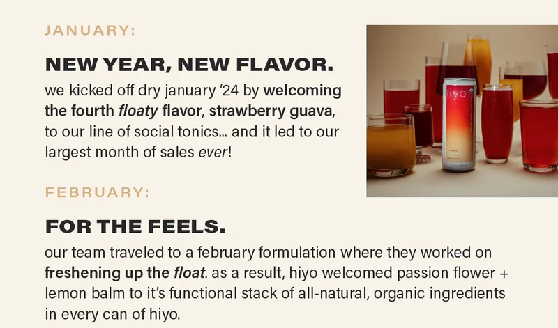 JANUARY: NEW YEAR, NEW FLAVOR. we kicked off dry january ‘24 by welcoming the fourth floaty flavor, strawberry guava, to our line of social tonics... and it led to our largest month of sales ever! FEBRUARY: FOR THE FEELS. our team traveled to a february formulation where they worked on freshening up the float. as a result, hiyo welcomed passion flower + lemon balm to it’s functional stack of all-natural, organic ingredients in every can of hiyo.