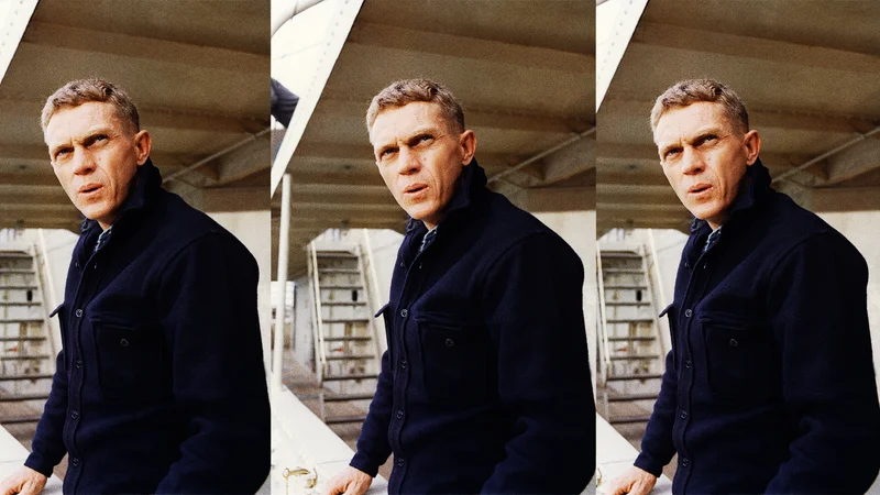 Steve McQueen wearing a classic military CPO shirt in the '60s.