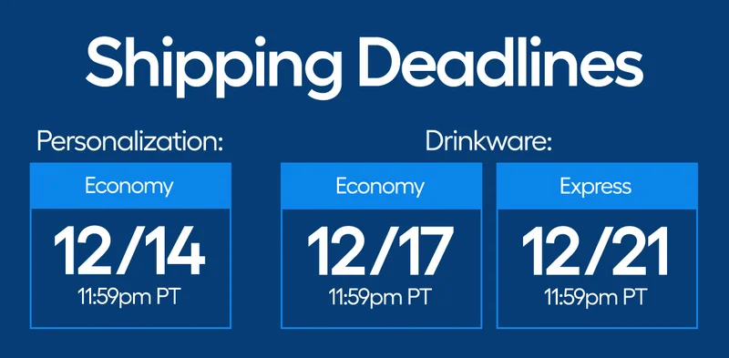 Shipping Deadline. Personalization: Economy 12/14, Drinkware Economy 12/17, Drinwkare express 12/21
