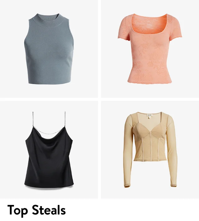 Tops under $50: a long-sleeve corset top, a camisole with silvertone accents, a square-neck top with floral pattern, a mock-neck crop top.