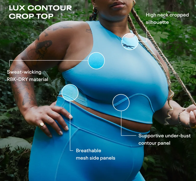 Lux Contour Crop Top | Supportive under-bust contour panel, high neck cropped silhouette, breathable mesh side panels and sweat-wicking RBK-DRY material.