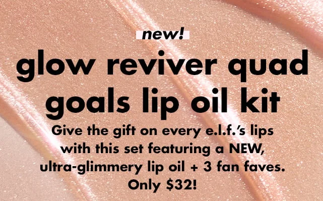 Give the gift on every e.l.f.'s lips with this set featuring a NEW, ultra-glimmery lip oil + 3 fan faves Give the gift on every e.l.f.'s lips with this set featuring a NEW, ultra-glimmery lip oil + 3 fan faves