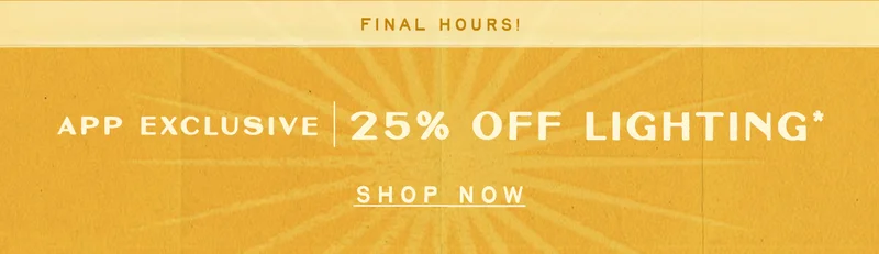 final hours! app exclusive, 25% off lighting, shop now