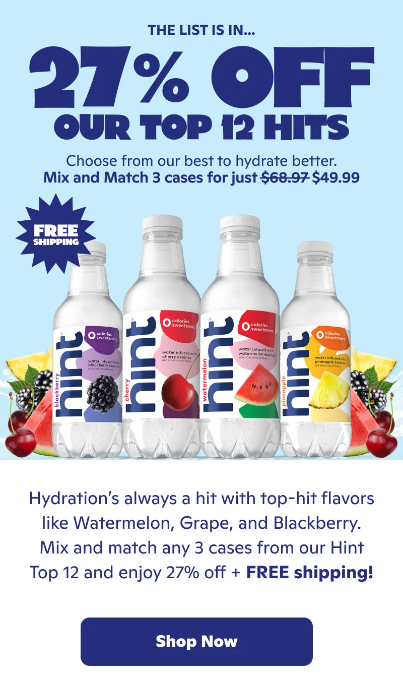 27% off our top 12 hits. Mix & match 3 cases for $49.99 plus free shipping.