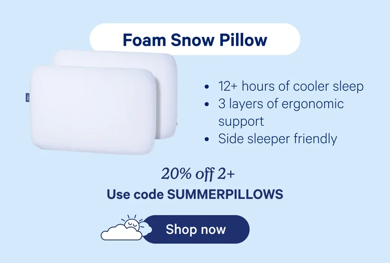 Foam Snow Pillow; 12+ hours of cooler sleep, 3 layers of ergonomic support, Side sleeper friendly; 20% off 2+ use code summerpillows