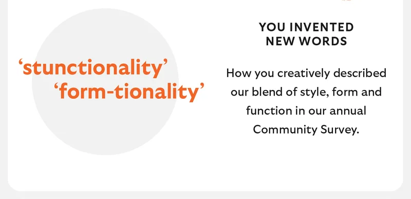 YOU INVENTED NEW WORDS 'stunctionality' ‘form-tionality’How you creatively described our blend of style, form and function in our annual Community Survey.