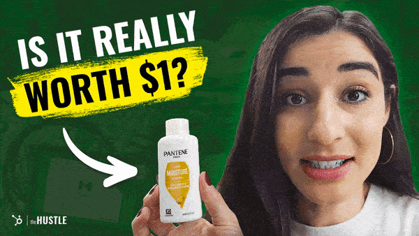 A dark-haired woman holds up a miniature shampoo bottle, with “Is it really worth $1?” written atop and an arrow pointing to the bottle.