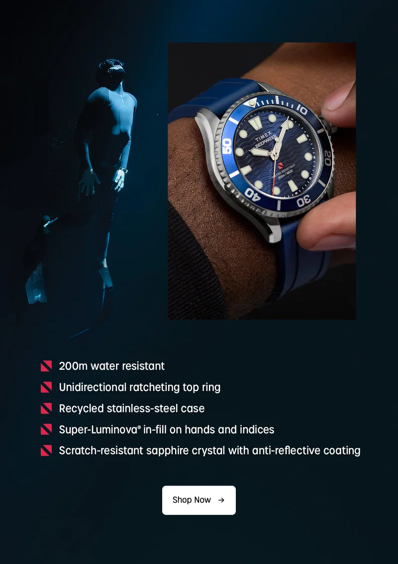 200m water resistant | Unidirectional ratcheting top ring | Recycled stainless-steel case | Super-Luminova in-fill on hands and indices | Scratch-resistant sapphire crystal with anti-reflective coating | Shop Now
