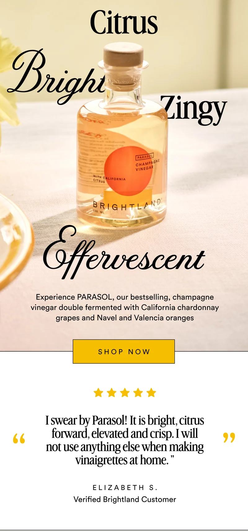 Bright Citrus Zingy Effervescent Made with early-harvest Arbequina and Picual olives. Grown on small family farms in California’s Central Coast. Cold-pressed within 90 minutes of harvest for freshness and flavor. Experience PARASOL, our bestselling, champagne vinegar double fermented with California chardonnay grapes and Navel and Valencia oranges SHOP NOW “ I swear by Parasol! It is bright, citrus forward, elevated and crisp. I will not use anything else when making vinaigrettes at home. ” “ Elizabeth S. Verified Brightland Customer