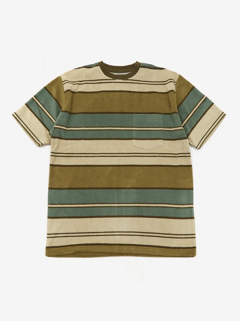 Image of Beams Plus Pile Stripe Pocket T-Shirt - Olive