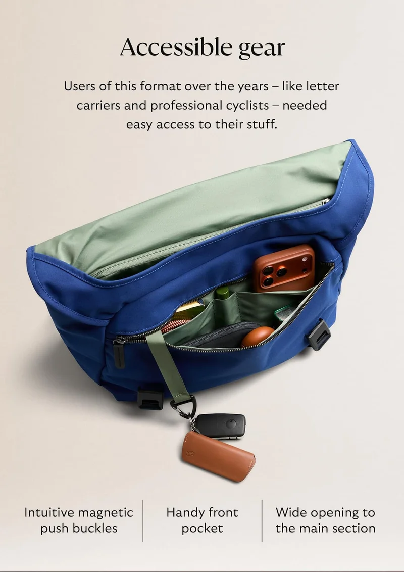 [Header] Accessible gear [Blurb] Users of this format over the years – like letter carriers and professional cyclists – needed easy access to their stuff. Our messenger has: Intuitive magnetic push buckles Wide opening to the main section Handy front pocket