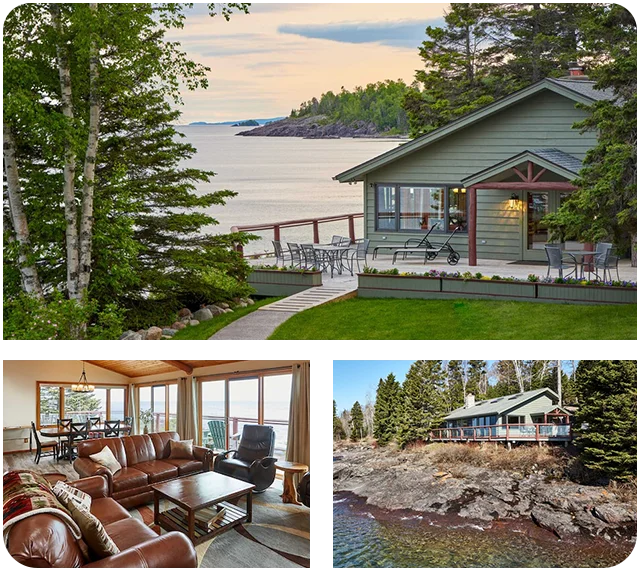 Enjoy tranquil lake views from a cozy private home rental nestled among towering pines.