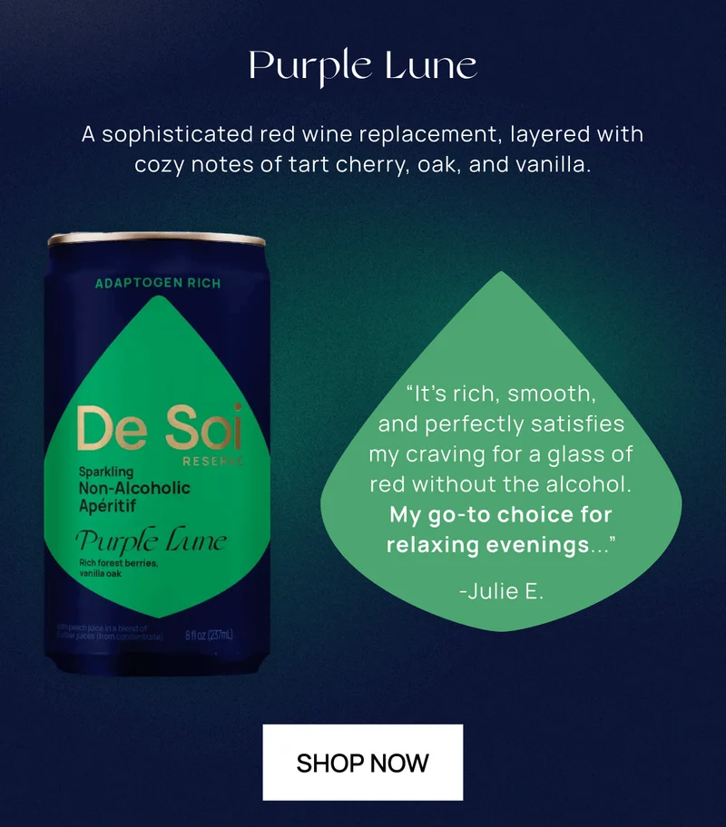 Purple Lune | A sophisticated red wine replacement, layered with cozy notes of tart cherry, oak, and vanilla. | “It’s rich, smooth, and perfectly satisfies my craving for a&nbsp;glass of red without the alcohol. My go-to choice for relaxing evenings...”-Julie E. | Shop Now