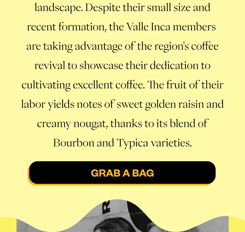 landscape. Despite their small size and recent formation, the Valle Inca members are taking advantage of the region's coffee revival to showcase their dedication to cultivating excellent coffee. The fruit of their labor yields notes of sweet golden raisin and creamy nougat, thanks to its blend of Bourbon and Typica varieties