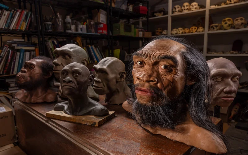 When Homo sapiens appeared some 300,000 years ago, other human species already shared the planet. Here, in the studio of paleoartist John Gurche, are model representations of those lineages (from left): H. naledi, H. heidel- bergensis, H. floresiensis, H. erectus, H. longi, and H. neanderthalensis.