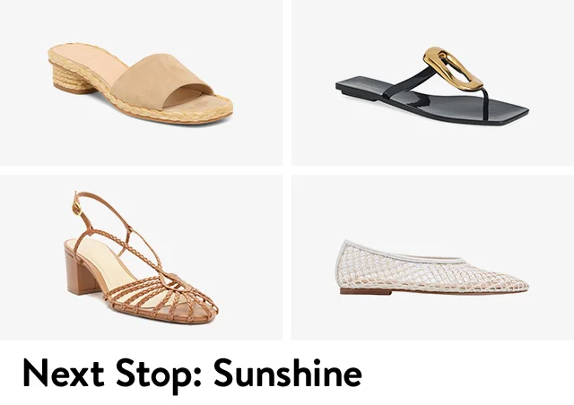 A woven slide sandal, braided slingback sandal, thong sandal with gold hardware and open-weave flat.