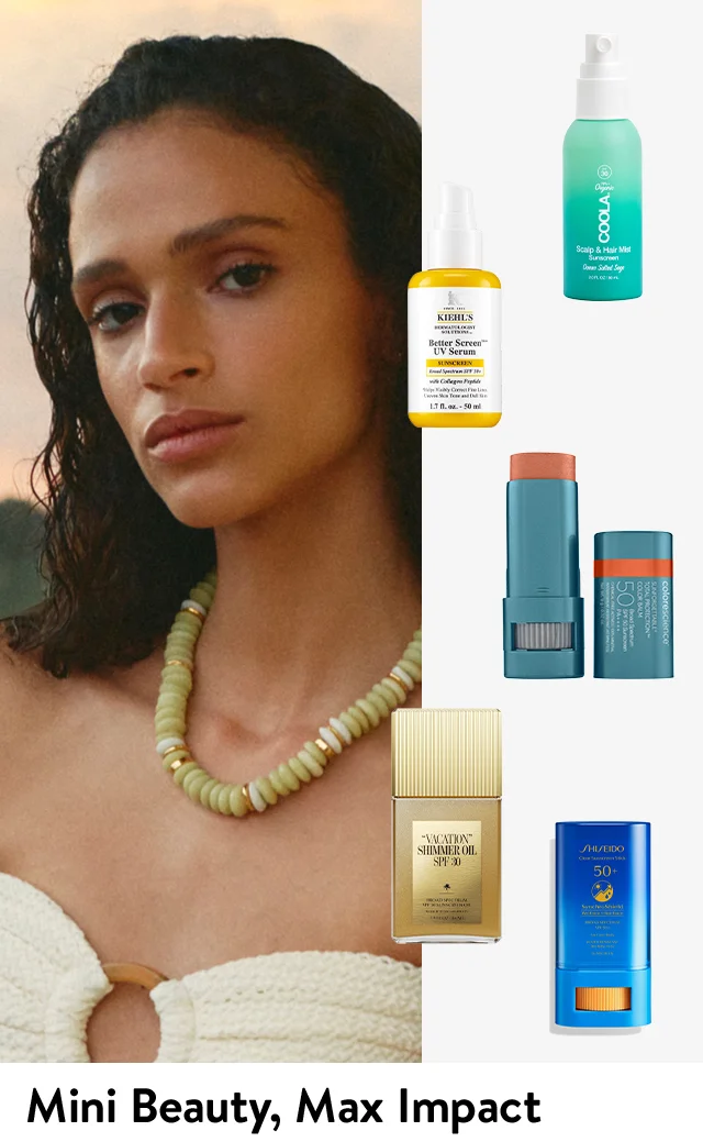 A model in a bikini. A bottle of Coola scalp and hair mist sunscreen. A bottle of Kiehl's Since 1851's Better Screen UV Serum. A stick of Color Science color balm. A bottle of Vacation shimmer oil with SPF 30. A stick of Shiseido clear sunscreen.