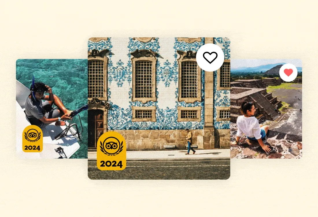 Image Description: A GIF of animated hearts on three images, including a traveler preparing to snorkel in the Riviera Maya, Mexico; a man strolling past a building with blue and white-patterned tiles in Porto, Portugal; and a lady sitting atop one of the pyramids at Teotihuacan in Mexico