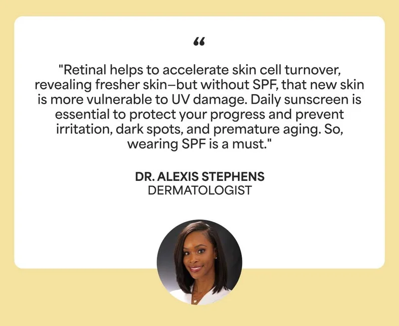 "Retinal helps to accelerate skin cell turnover, revealing fresher skin—but without SPF, that new skin is more vulnerable to UV damage. Daily sunscreen is  essential to protect your progress and prevent  irritation, dark spots, and premature aging. So,  wearing SPF is a must." - DR. ALEXIS STEPHENS DERMATOLOGIST