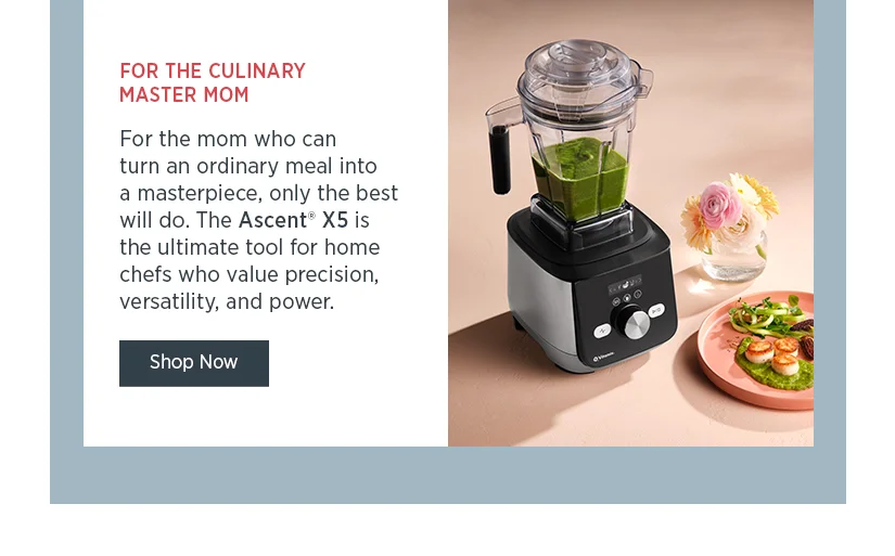For the Culinary Master Mom: For the mom who can turn an ordinary meal into a masterpiece, only the best will do. The Ascent X5 is the ultimate took for home chefs who value precision, versatility, and power.