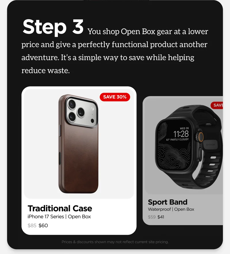 Step 3. You shop Open Box gear at a lower price and give a perfectly functional product another adventure. It's a simple way to save while helping reduce waste.
