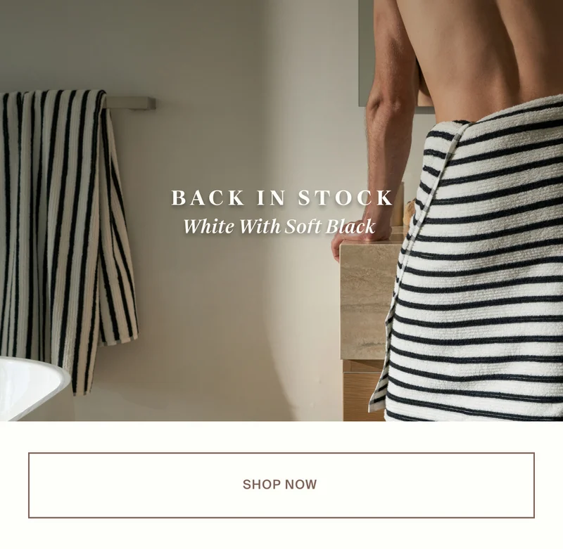 Now Back in Stock, White with Soft Black Resort Stripe Towels