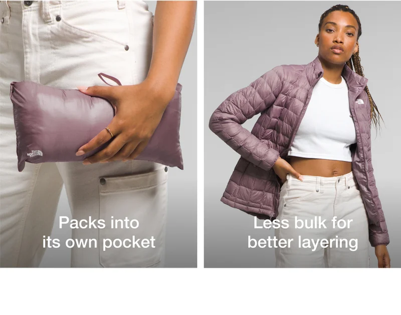 Packs into its own pocket - Less bulk for better layering