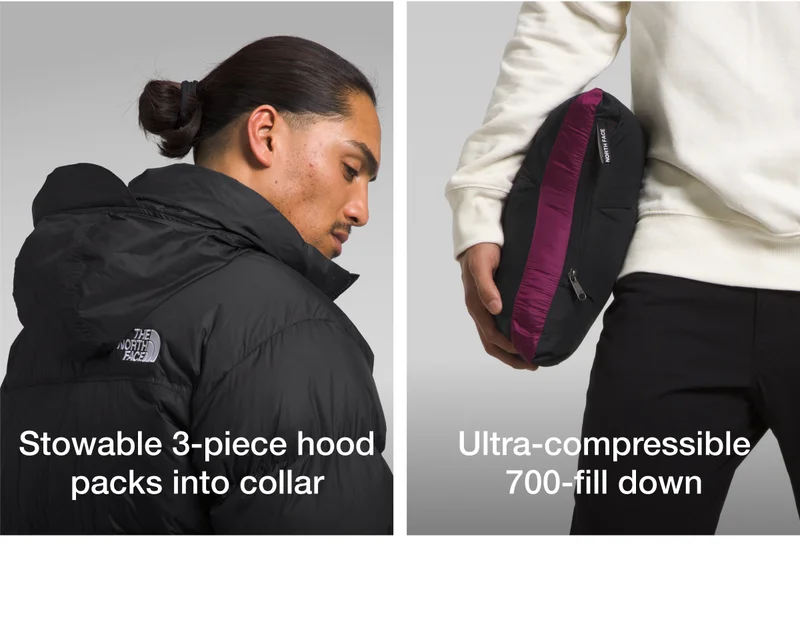 Stowable 3-piece hood packs into collar - Ultra-compressible 700-fill down