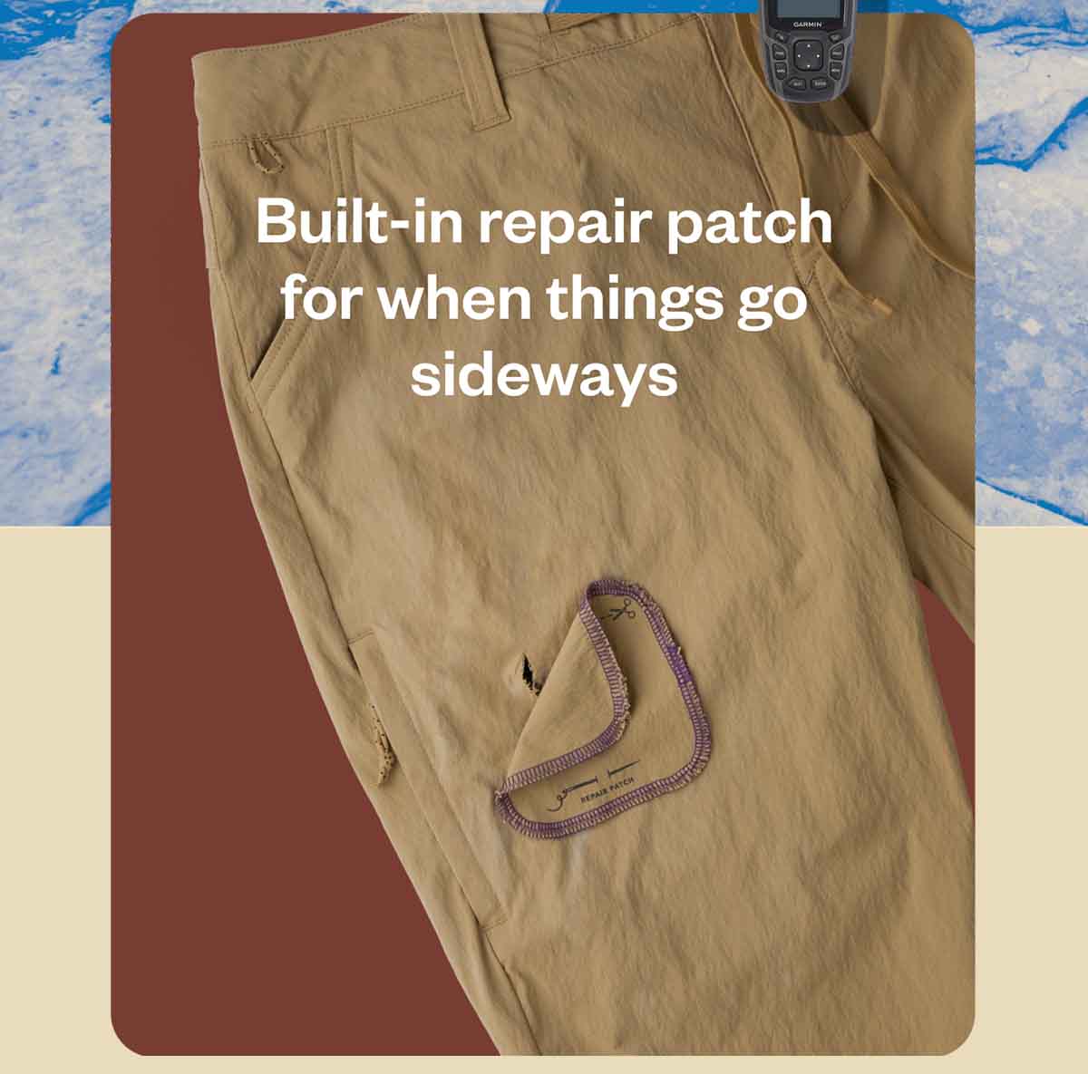 A built-in repair patch on the Quandary Pants is there for when things go sideways.