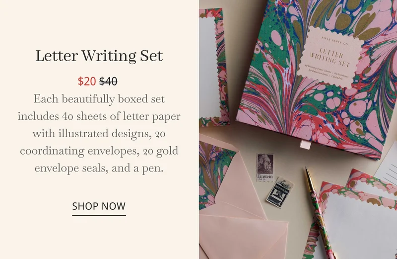 Letter Writing Set $42&nbsp;$60&nbsp; Each beautifully boxed set includes 40 sheets of letter paper with illustrated designs, 20 coordinating envelopes, 20 gold envelope seals, and a pen. SHOP NOW