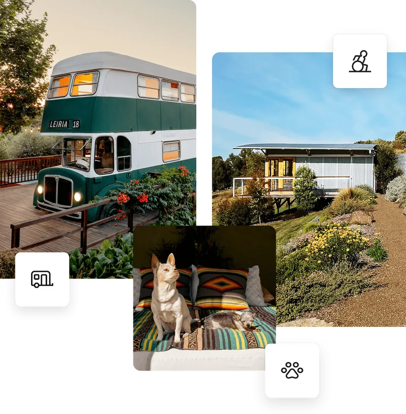 A collage of three images, each tagged with an icon of an amenity or style of home. The first image is of a white and green, double-decker bus parked on a wood deck. An icon below represents the Campers Category. The second image shows a small home on a hillside with a steady path leading to the front door. An icon above represents the Adapted Category. The last image is of two small dogs sitting on a bed, soaking in the sun. A nearby icon represents the pet-friendly amenity.