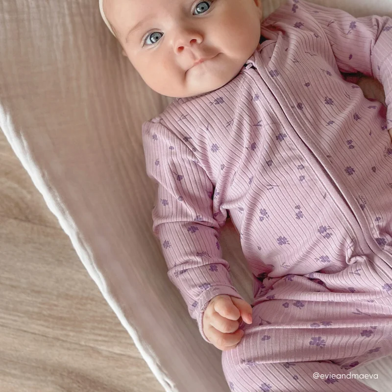 Image of Lilac Floral Ribbed Clever Zip Baby Pajamas