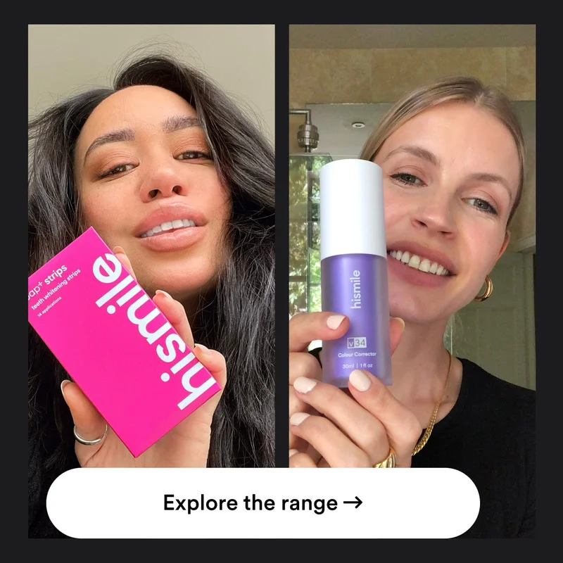 Woman holding PAP+ Whitening Strips. Another woman holding V34 Colour Corrector Serum. Explore the range.