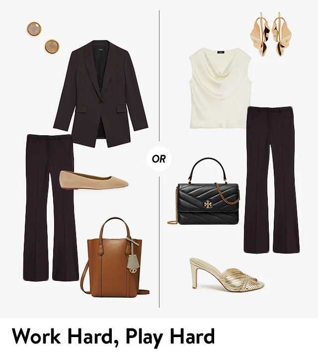 Two outfits featuring the same brown trousers. The first also includes a matching brown blazer, stud earrings and flats. The second also includes a white blouse, drop earrings, high-heel mules and a black handbag.