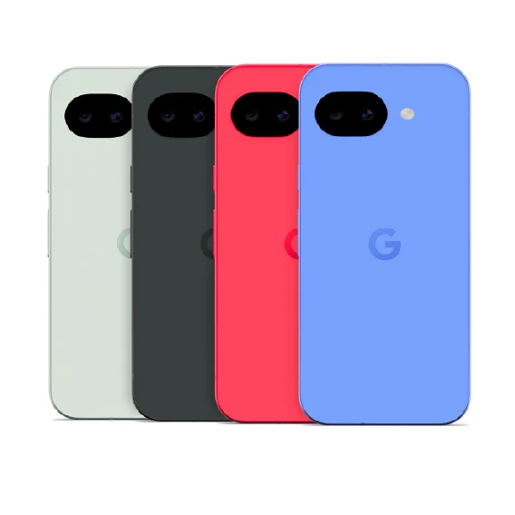 Four rear-facing smartphones (light green, dark gray, red, blue) with pill-shaped dual cameras and Google logos.