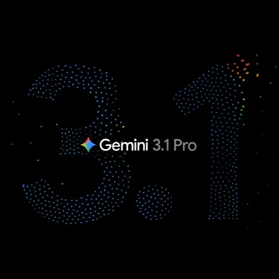 Multi-colored dot numbers '3.1' on black, with centered 'Gemini 3.1 Pro' text and a star logo.