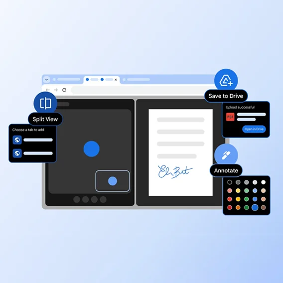 Browser window in split view: dark interface on left, white document on right. Adjacent icons for Split View, Save to Drive, and Annotate.