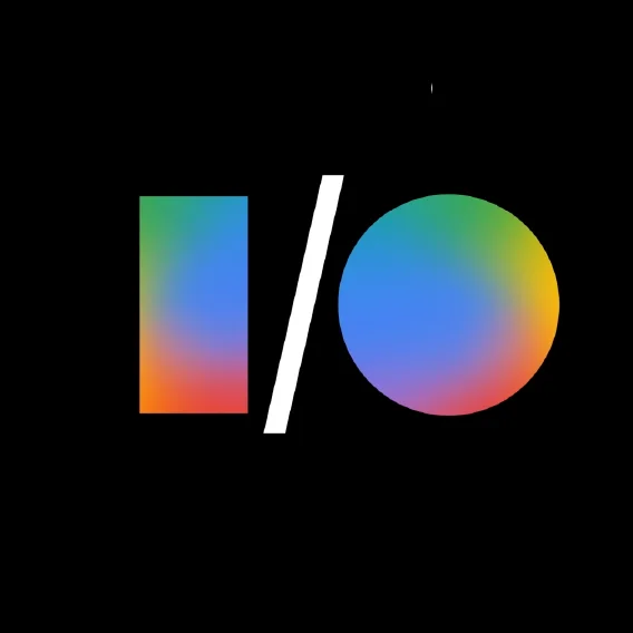 I/O logo with multicolored gradient rectangle 'I', circle 'O', and white slash on black.