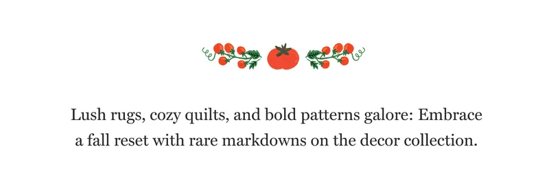Lush rugs, cozy quilts, and bold patterns galore: Embrace a fall reset with rare markdowns on the decor collection.