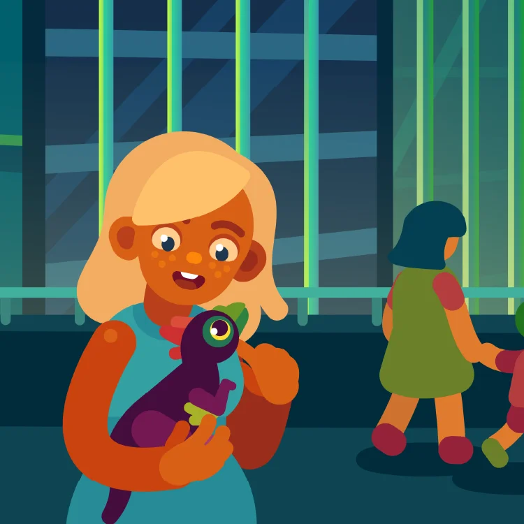 Illustration of a girl with a tiny dino pet friend